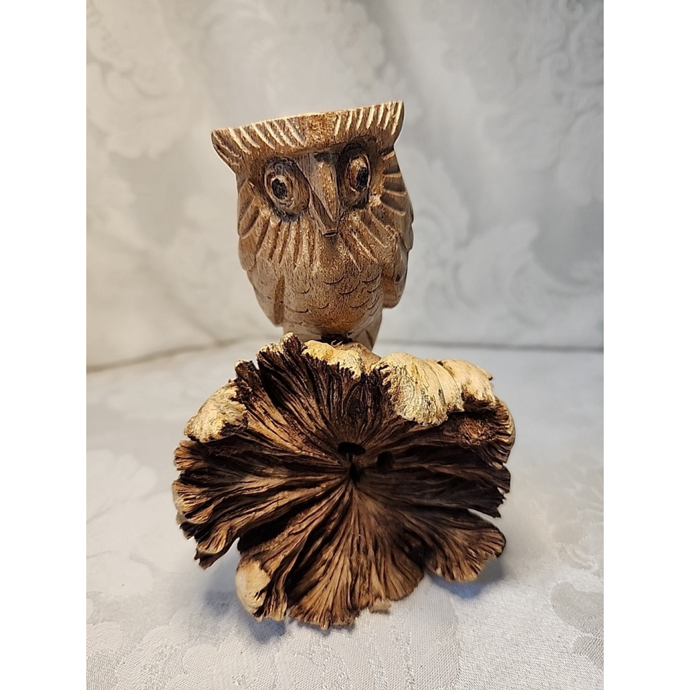 Handcrafted Owl Figurine Carved On Parasite Burl Wood,Excellent Cond.